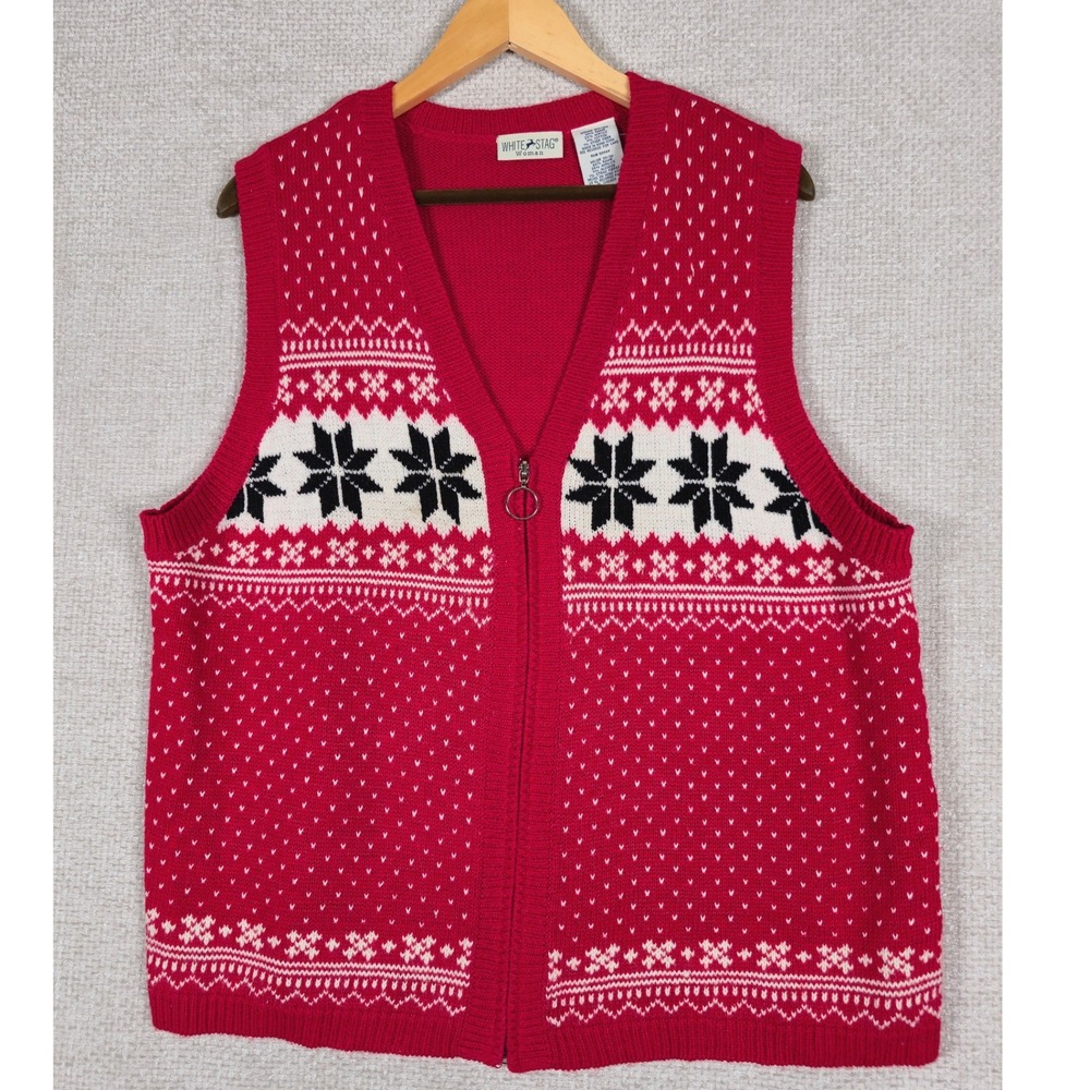 VTG White Stag Womens Red Fair Isle Snowflake Full Zip Sweater Vest Plus 14W 16W
